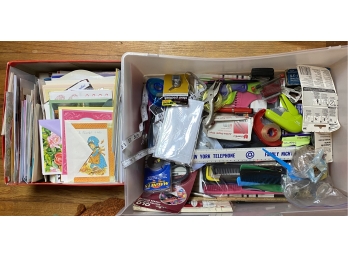 Box Of Vintage Greeting Cards And Junk Drawer, Office / Desk Supplies