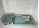 Caspari Square Lizard Coasters In Teal With A Teal Leather Elie Tahari Home Tray And Three Serving Trays