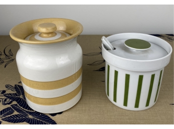 Two Striped Vintage Ceramic Canisters With Lids Porcelain Schmid And Original Cornish