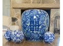 Four Blue And White Chinese Style Ceramic Objects From One Kings Lane - Ginger Jar And Three Balls