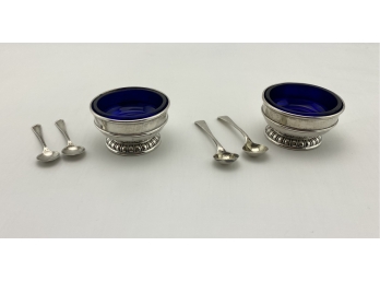 Two Sterling Silver And Blue Glass RLB - Rodgers Lunt Bowlen Salt Servers With Small Sterling Salt Spoons