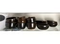 12 Pcs Of The Wheel Earthenware Stoneware Ceramic Bowls Cups In Brown Green Glaze, 5 Medium 7 Small