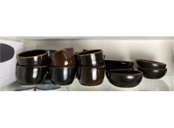 12 Pcs Of The Wheel Earthenware Stoneware Ceramic Bowls Cups In Brown Green Glaze, 5 Medium 7 Small