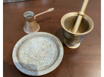 Assortment Of Metal Vessels / Brass Mortar And Pestle