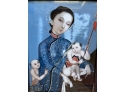 Antique Chinese Chinese Lady With Two Babies Reverse Painting On Glass