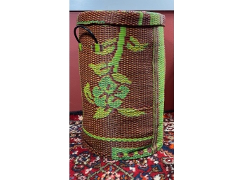 Brown And Green Plastic Woven Bin Or Basket With Lid