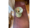 12.5' Earthenware And Green Glaze Hand Thrown Ceramic Vase With Flowers