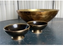 Bronze Glass Bowl And Two Bronze Small Bowls