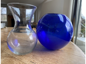 Large Blue Glass Globe And Clear Glass Hourglass Shaped Vase
