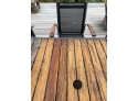 Gloster Teak Round Dining Table And 6 Chairs With Black Umbrella And Fabulous Concrete Stand