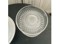 Williams Sonoma Cake Plate And Glass Cover And Three Aderia Glass Dessert Plates