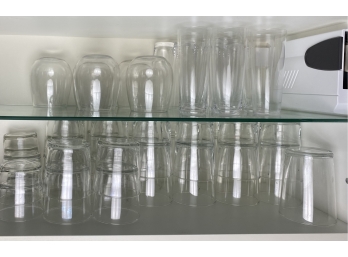 46 Pcs Of Clear Glass Ware - 4 Sizes Of Drinking Glasses And One Set Of Stemless Wine Glasses