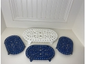 Four Wrought Iron Trivets, Painted Blue And White