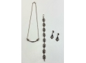 Sterling Silver, Marcasite And Onyx Earrings, Bracelet And Necklace