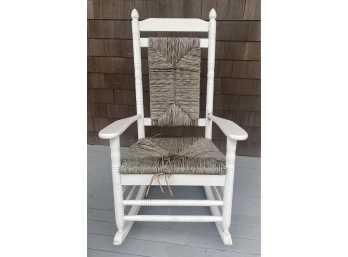 Pair Of White Wood And Rush Seat Rocking Chairs
