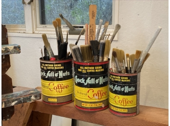 Three Vintage Coffee Cans With Some Of Racelle Strick's Paint Brushes, Palette Knife,  And Scrapers