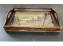 Antique Needlepoint Scene Of Mt. Everest Set In Glass In Wooden Tray