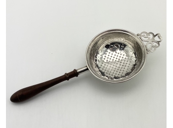 Antique English Sterling Silver Tea Strainer With Turned Wooden Handle