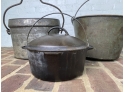 Lot Of Antique Cookware - Dutch Oven, Steel Bucket And Brass Bucket By Ansonia Brass Company