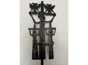 Haitian Metal Art By Joseph Louis Juste - Man And Two Women On Crosses With Birds On A Stake