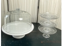 Williams Sonoma Cake Plate And Glass Cover And Three Aderia Glass Dessert Plates