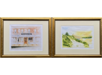 Two Signed Prints Of Watercolors - Sag Harbor Landmarks Sag Harbor Bridge And The American Hotel By McBride