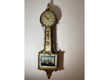 Hornet & Penguin Circa Early 1800's Federal Banjo Clock, Reverse Glass Painting, Original Key