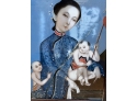 Antique Chinese Chinese Lady With Two Babies Reverse Painting On Glass