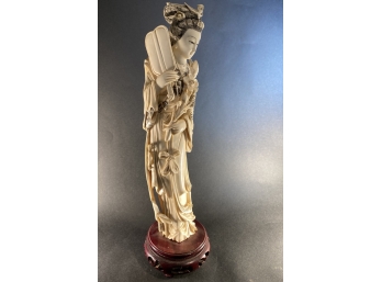 Antique Chinese Bone Carving, Woman With Fan
