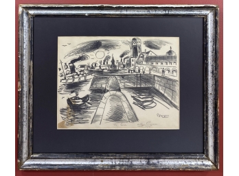 Framed, Signed Graphite Drawing Of London Riverside 1935 By Arthur Gunn