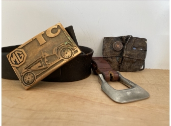 Three Vintage Belt Buckles And A Leather Belt