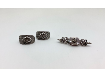 Sterling Silver And Marcasite And Earrings With A Mother Of Pearl Brooch With Marcasite