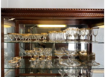 Beautiful Vintage Gold Trimmed Depression Glassware, Stemware And Serving Pieces