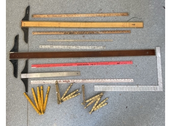 Lot Of T Squares And Measuring Tools, Three Vintage Sticks Of Inches