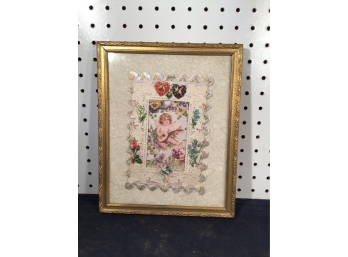 Textured And Matted Photo Of Cherub Playing Instrument, Great Condition In 9x11 Frame