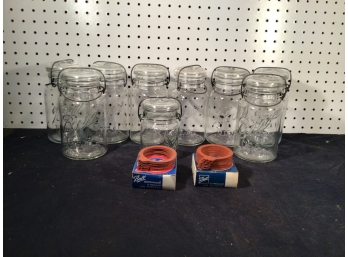 Lot Of 9 Good Condition Canning Jars With Lids And 17 Jar Rubbers In Original Boxes
