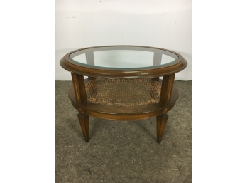 Vintage Oval Glass Top Solid Wood Cane Base Coffee Table