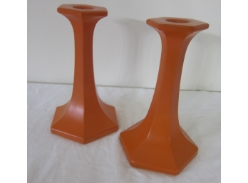Pair Vintage Orange Glass Candle Sticks