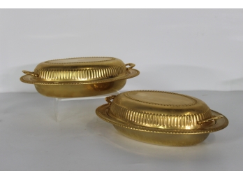 Pair Of Vintage Casserole Dishes Set With Brass Exterior