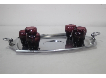 Cranberry Shot Glass With Tray