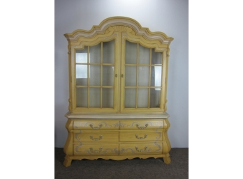 Vintage  French Provincial Breakfront Yellow China Cabinet Hutch