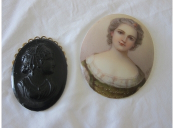 Miniature  Painting On Porcelain Of Madame Louise  Along With Vintage  Brouch