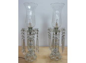 Vintage Pair Of Etched Hurricane Lamps Crystal Glass