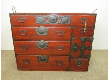 Antique  Red Asian Oriental Campaign  Chest