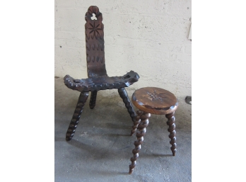 RENAISSANCE STYLE CARVED CHAIR AND SMALL STOOL