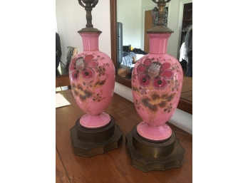 Pair Of  Victorian Pink Opaline Lamps