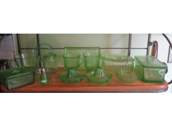 Shelf Lot Of Vintage Green Glassware