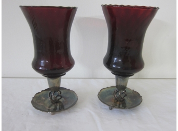 Pair Of Ruby Red Glass  Silver Plated Base