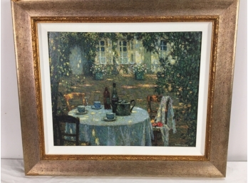 OIL ON CANVAS ' TABLE IN THE GARDEN '