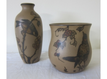 Two  H.Jorth Hand-painted Bird And Floral Decorated Stoneware Vases
